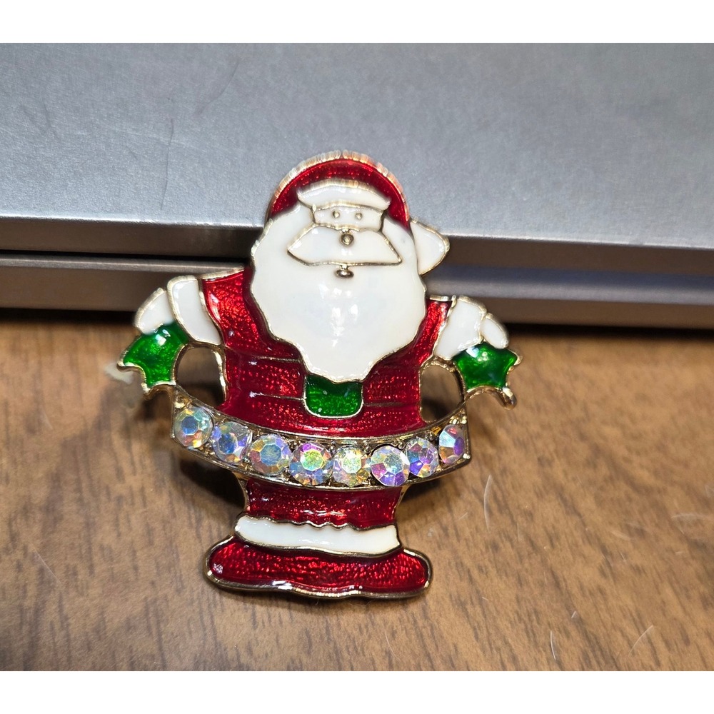 Red Apple Accessories Christmas Santa Claus Enamel Rhinestone Brooch Pin